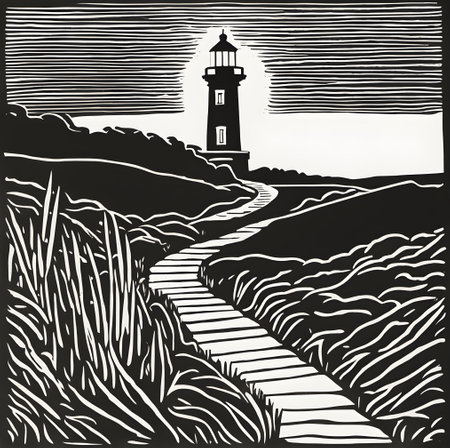 Lighthouse on the dunes. Hand drawn vector illustration in vintage style.の素材