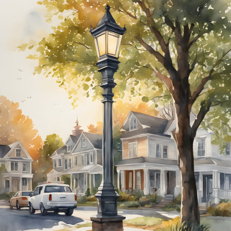 Watercolor illustration of a street lamp and old houses in the city.の素材