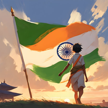 Indian man with flag of India at sunset. Concept of Indian independence day.の素材