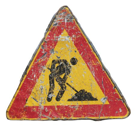 triangle warning sign isolated on the white background road worksの写真素材