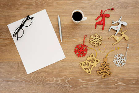 Flat lay of Christmas ornaments on a table with words of hope