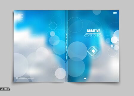 White, blue design for brochure cover, info banner frame, title sheet model, flyer, ad text font. Sky cloud theme. Modern vector front page art with geometric firm logo. Creative air brand figureのイラスト素材