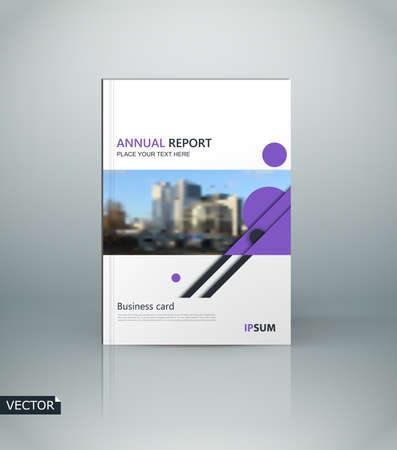 Abstract composition. White a4 brochure cover design. Info banner frame. Text font. Title sheet model. Modern vector front page. Brand  texture. Violet color figures image icon. Ad flyer fiberのイラスト素材