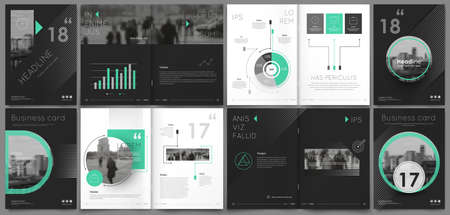 Abstract binder art. White a4 brochure cover design. Info banner frame. Elegant ad flyer text. Title sheet model set. Fancy vector front page. City font blurb. Green line, square, triangle figureのイラスト素材