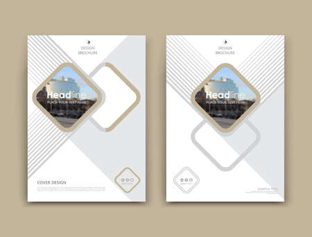 White business card style. A4 brochure cover design. Info board. Book, diary title sheet model set. Modern vector front page art. Urban city house texture. Gray figure text frame icon. Ad flyer fontのイラスト素材