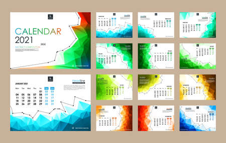 12 months calendar. Geometry. Abstraction. Winter, spring, summer, autumn. Annual calendar. Graphics. Red triangle geometric shapes. 2021 year. Multicolor calendar. Creative illustration. Polygon.のイラスト素材