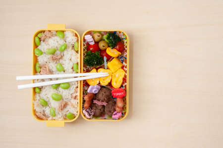 Japanese cuisine - Top view of traditional homemade Bento box with rice, meat, egg, fish, vegetables and grains. For children to take to school. Copy space.の写真素材