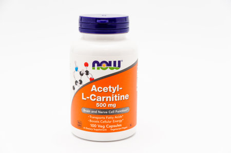 Fuji City, Shizuoka-Ken, Japan - November 7, 2020: Now Foods, Acetyl-L-Carnitine, 500 mg, 100 Veg Capsules. Isolated on white background. Copy space. Horizontal shot.のeditorial素材
