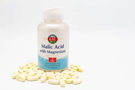 Fuji City, Shizuoka-Ken, Japan - November 7, 2020: KAL - Malic Acid with Magnesium, bottle with...