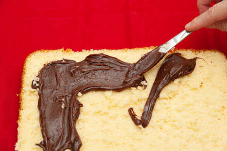 Hand stuffing homemade cake with chocolate ganache. Isolated on red background. Top view. Copy space.の写真素材