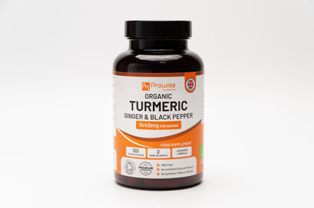 Fuji City, Shizuoka-Ken, Japan - September 10, 2022: Turmeric Curcumin with Black Pepper and Ginger 1440mg 120 Vegan Turmeric Capsule High Strength. Made in England by Prowise Health Care.のeditorial素材