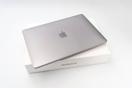 Fuji-shi, Shizuoka-ken, Japan - March 11, 2022: MacBook Air M1 in top view isolated on white background.のeditorial素材