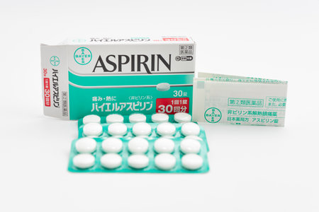 Fuji City, Shizuoka Prefecture, Japan - April 23, 2024: Aspirin 30 tablets by Bayer Global isolated on white background.のeditorial素材
