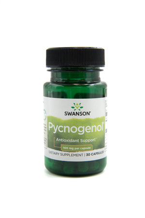 Fuji City, Shizuoka Prefecture, Japan - April 18, 2024: Pycnogenol supplement 100 mg 30 capsules by Swanson. Isolated on white background.のeditorial素材