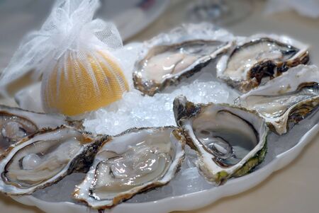 Oysters in ice with a lemon