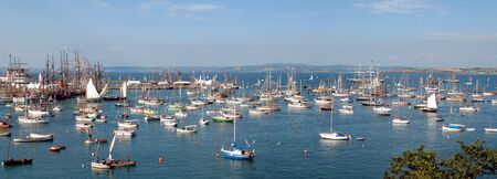 Panorama of a bay with the sailing shipsの写真素材