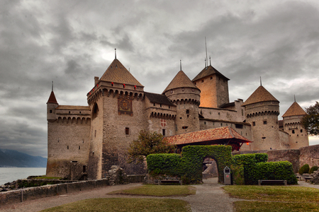 Evening view of famous Chateau de Chillon at Lake Geneva one of Switzerland's. Canton of Montreux Switzerlandのeditorial素材