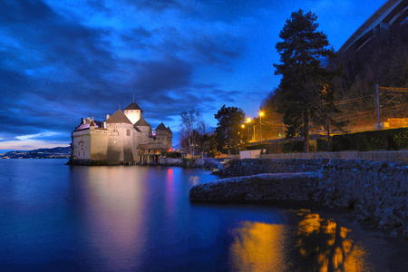 Evening view of famous Chateau de Chillon at Lake Geneva one of Switzerland's. Canton of Montreux Switzerlandのeditorial素材