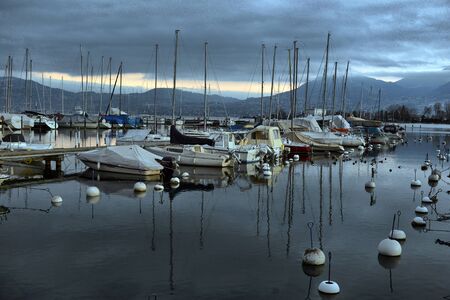 Yachts on autumn parking lot on Lake Geneva, SWISS, LAKE GENEVA,のeditorial素材