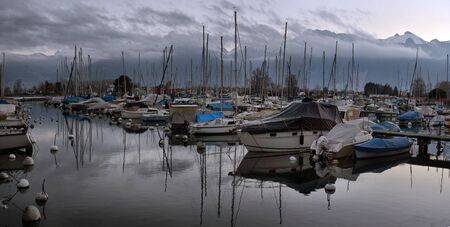 Yachts on autumn parking lot on Lake Geneva, SWISS, LAKE GENEVA,のeditorial素材