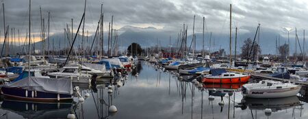 Yachts on autumn parking lot on Lake Geneva, SWISS, LAKE GENEVA,のeditorial素材