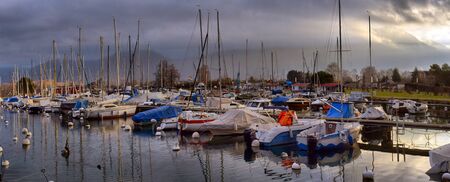 Yachts on autumn parking lot on Lake Geneva, SWISS, LAKE GENEVA,のeditorial素材