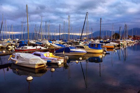 Yachts on autumn parking lot on Lake Geneva, SWISS, LAKE GENEVA,のeditorial素材