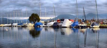 Yachts on autumn parking lot on Lake Geneva, SWISS, LAKE GENEVA,のeditorial素材