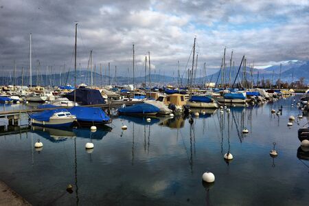 Yachts on autumn parking lot on Lake Geneva, SWISS, LAKE GENEVA,のeditorial素材