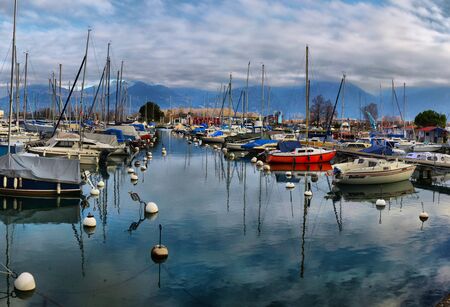 Yachts on autumn parking lot on Lake Geneva, SWISS, LAKE GENEVA,のeditorial素材
