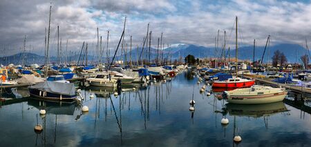 Yachts on autumn parking lot on Lake Geneva, SWISS, LAKE GENEVA,のeditorial素材