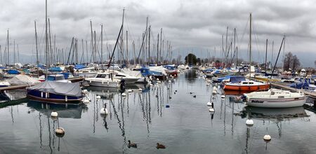 Yachts on autumn parking lot on Lake Geneva, SWISS, LAKE GENEVA,のeditorial素材