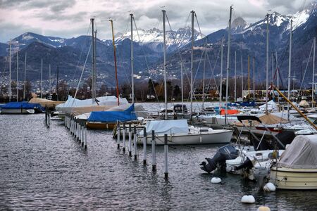 Yachts on autumn parking lot on Lake Geneva, SWISS, LAKE GENEVA,のeditorial素材