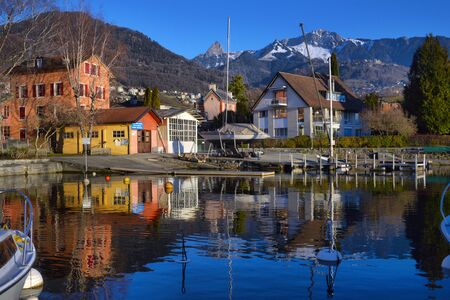 Yachts on autumn parking lot on Lake Geneva, SWISS, LAKE GENEVA,のeditorial素材