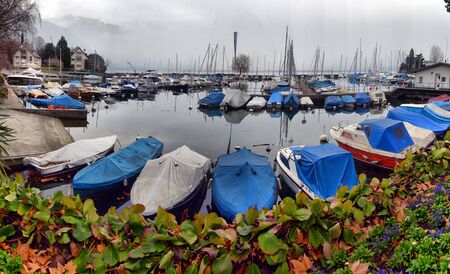 Yachts on autumn parking lot on Lake Geneva, SWISS, LAKE GENEVA,のeditorial素材