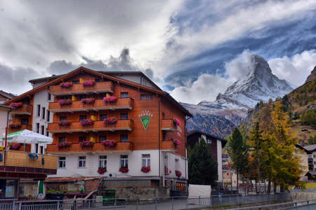 Stunning autumn scenery of famous alp peak Matterhorn. Swiss Alps, Valais, Switzerlandの写真素材