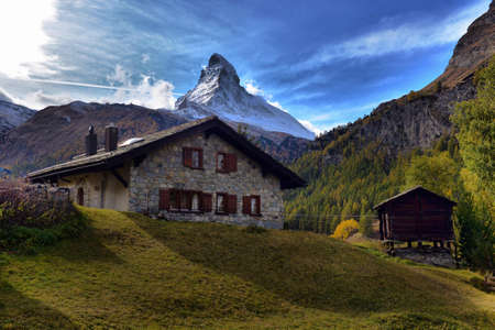 Stunning autumn scenery of famous alp peak Matterhorn. Swiss Alps, Valais, Switzerlandの写真素材