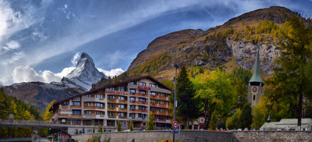 Stunning autumn scenery of famous alp peak Matterhorn. Swiss Alps, Valais, Switzerlandのeditorial素材