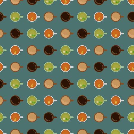 Seamless pattern. Cups with green, black tea, cocoa and black coffee on a dark green background. View from above.のイラスト素材