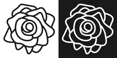 Set of two linear icons, rose flower top view. In black and white variations.のイラスト素材