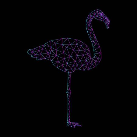 Polygonal flamingo. Colored lines with a gradient from blue to purple, on a black background. Structure.のイラスト素材