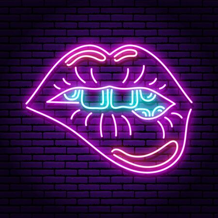 Mouth biting lip with teeth. purple neon sign. Against the background of a brick wall.のイラスト素材