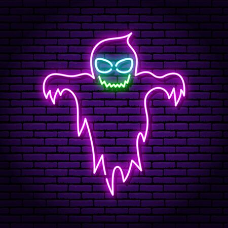 Ghost purple neon sign. Against the background of a brick wall. Halloween. Wicked smileのイラスト素材