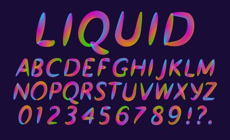 Alphabet and numbers from liquid multicolored transparent letters, Fashionable font, in trend. For use in advertising, announcements, promotions, discounts, sales.のイラスト素材