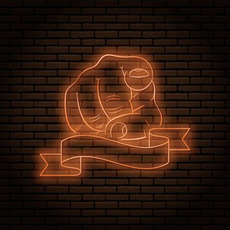 Neon sign with an orange glow. Hand gesture, index finger pointing at you. On a brick wall background, for your design. With ribbon, flag for text.のイラスト素材