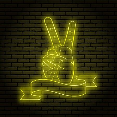 Neon sign with a yellow glow. Hand gesture, two fingers, shows peace. On a brick wall background, for your design. With ribbon, flag for text.のイラスト素材