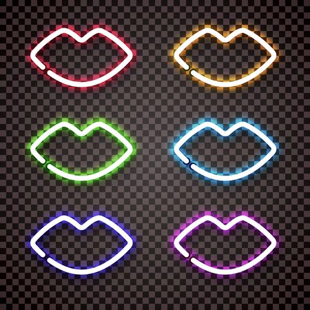 A set of multi colored neon lights in the shape of women's lips. For advertising signs, banners, design, to attract customers. Isolated. 10 epsのイラスト素材