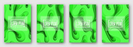 Set of four brochures. Green. Paper style. Volume waves with shadow. For text and your design. 10 epsのイラスト素材