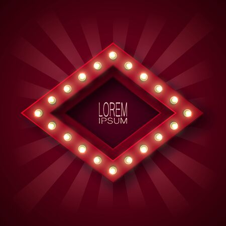 Advertising sign, banner to attract customers. Rhombus shape. With glowing bulbs along the contour, in red and white rays. Dark red background. For your design. 10 epsのイラスト素材