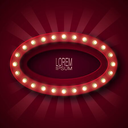 Advertising sign, banner to attract customers. Shape Oval. With glowing bulbs along the contour, in red and white rays. Dark red background. For your design. 10 epsのイラスト素材